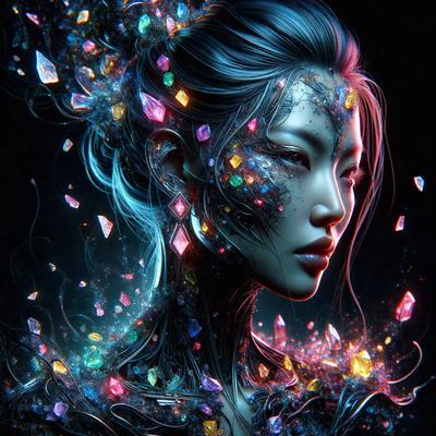 The primary subject of the image is a woman with a unique and artistic appearance. She is wearing a headpiece that is adorned with colorful gems, giving her a striking and eye-catching look. The setting is a dark background, which further emphasizes the vibrant colors of the gems. The visual style of the image is digital art, as it is a highly detailed and intricate illustration. The colors and mood of the image are lively and energetic, with the bright colors